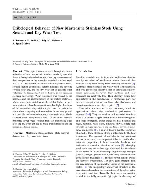 scratch test tribology|Tribological Behavior of New Martensitic Stainless Steels Using .